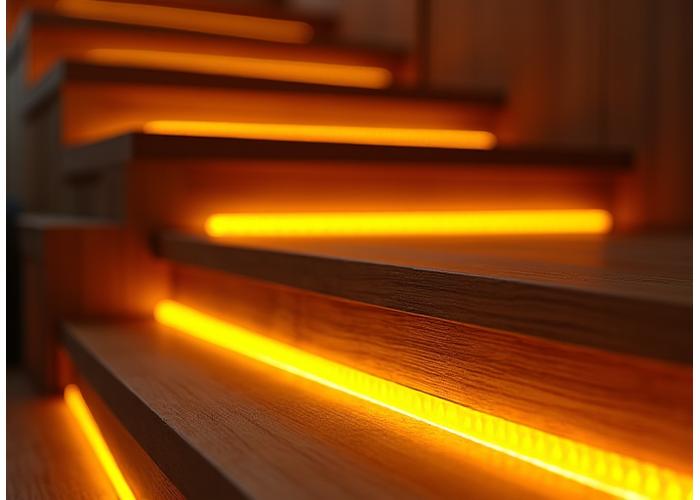 Modern wooden staircase with subtle integrated LED strip lighting on the underside of each tread, activated by motion